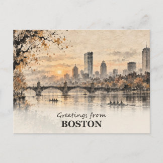 Groeten van Boston Ink Wash Postcard Briefkaart