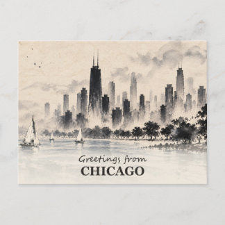 Groeten van Chicago Skyline Inkt Wash Briefkaart