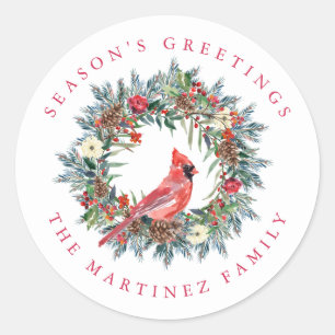 Groeten van Red Cardinal Pine Wreath Season Ronde Sticker
