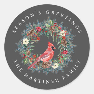 Groeten van Red Cardinal Pine Wreath Season Ronde Sticker