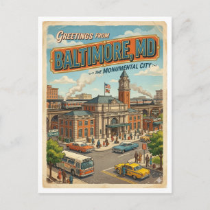 Groeten vanuit Baltimore MD Treinstation Retro Briefkaart