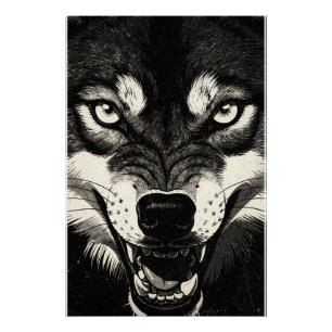 Grommende Wolf 50s Zwart Wit Grafische Stijl Perfect Poster