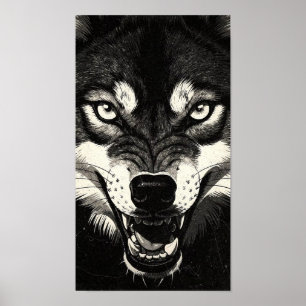 Grommende Wolf 50s Zwart Wit Grafische Stijl Poster