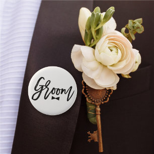 Groom Black Brush Script Bow Stropdas Wedding Part Ronde Button 5,7 Cm