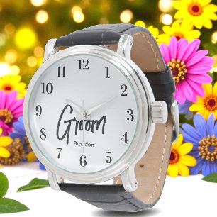 Groom Black White Script Wedding Horloge