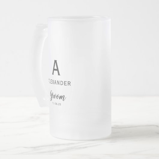 Groom Monogram Naam Bruiloft Matglas Bierpul (Voorkant links)