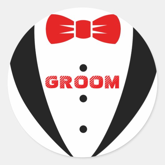 Groom Tex-Black Tuxedo & Red Bowtie Ronde Sticker (Voorkant)