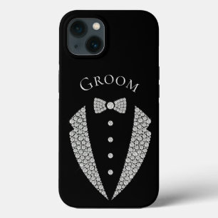 Groom Tuxedo Silver Typography Black Wedding iPhone 13 Hoesje