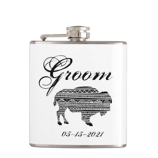 Groom Whiskey Flask Boho Buffalo Tribal Pattern Bo Heupfles (Voorkant)