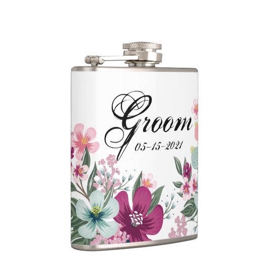 Groom Whiskey Flask Tropische Bloemen op Wit Heupfles (Rechts)