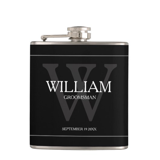 Groomsman Gift Modern Monogram Naam Zwart Heupfles (Voorkant)
