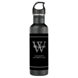 Groomsman Gift modern monogram script cool zwart Waterfles
