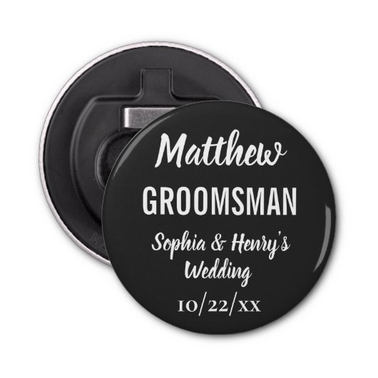Groomsman Modern Black Bachelor Party Weddenschap Button Flesopener (Voorkant)