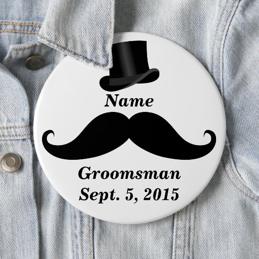 Groomsman Mustache en Top Hat Pin-Back Button (In situ)