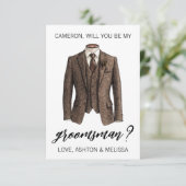Groomsman Proposal Card, Brown Tweed Suit Jacket Kaart (Staand voorkant)