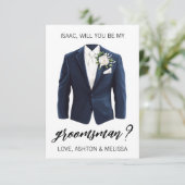 Groomsman Proposal Greeting Card, Navy Blue Suit Kaart (Staand voorkant)