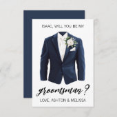 Groomsman Proposal Greeting Card, Navy Blue Suit Kaart (Voorkant / Achterkant)