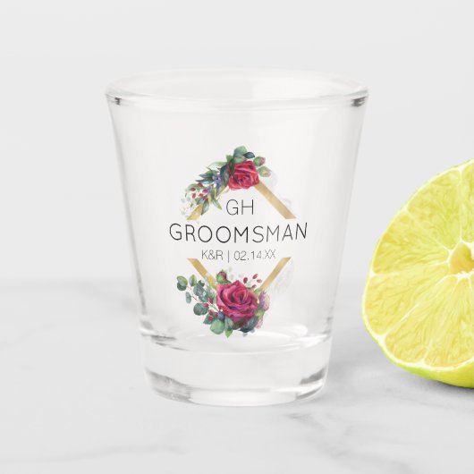 Groomsman Red Rose Wedding Date Monogramed Shot Glas (Voorkant)