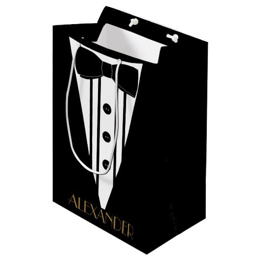 Groomsmen Tuxedo Gepersonaliseerde bruiloft Dank u Medium Cadeauzakje (Voorkant Gekanteld)