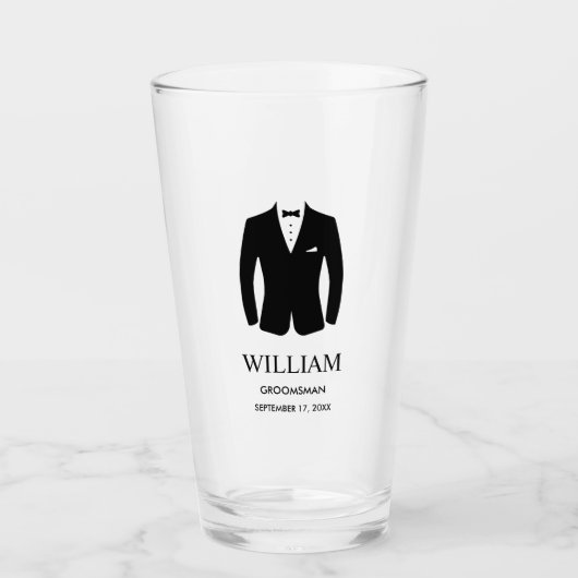 Groomsmen Zwart Stropdas Tuxedo Suit Naam en datum Glas (Voorkant)
