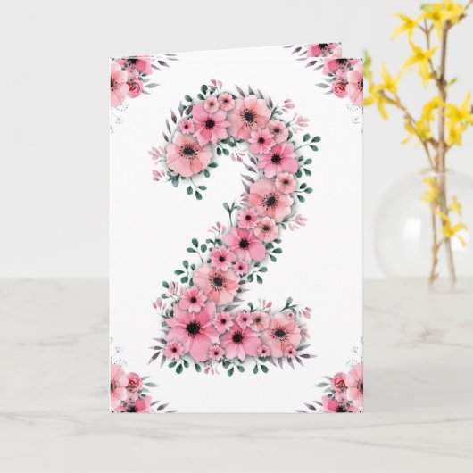 Groot 2e verjaardag Roze bloemen Groene olievlek m Kaart (Gele Bloem)