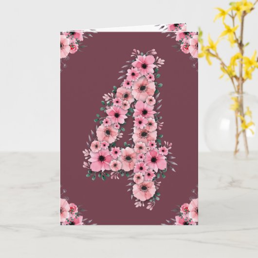 Groot 4e verjaardag Roze bloemen Groene olievlek m Kaart (Gele Bloem)