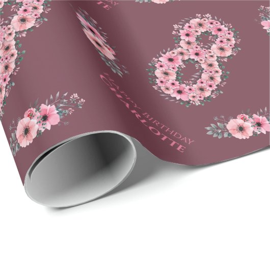 Groot 8-jarig meisje roze bloemen groene olievlek cadeaupapier (Rol Hoek)