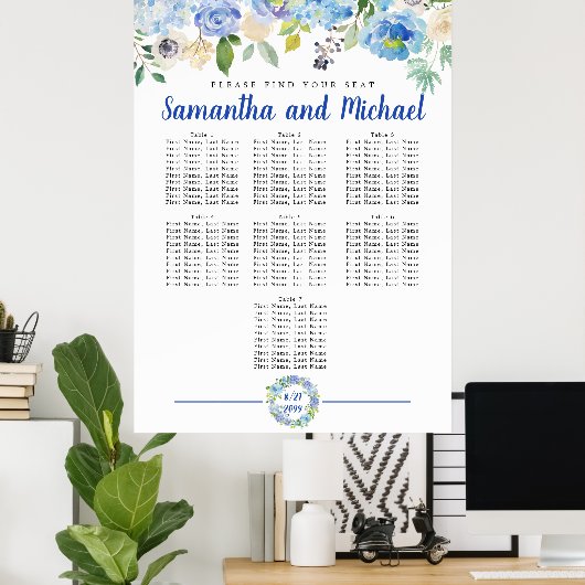 Groot blauw Hydrangea 7-tabel Zitkaart Poster (Thuiskantoor)