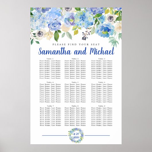 Groot blauw Hydrangea 9-tabel Zitkaart Poster (Voorkant)