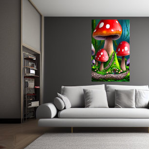 Groot bos met rode paddenstoelen AI Art Poster