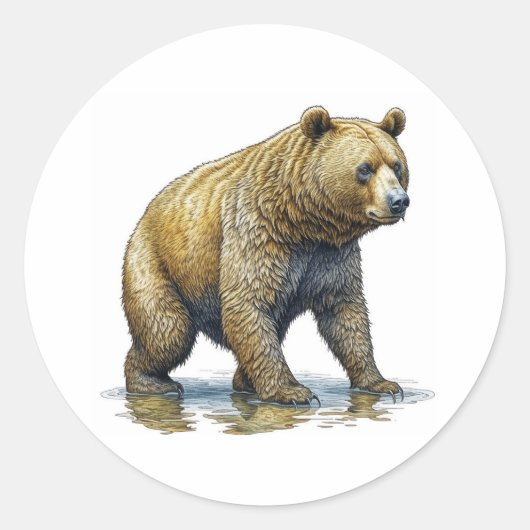 Groot bruin Beer dat door water loopt Ronde Sticker (Voorkant)