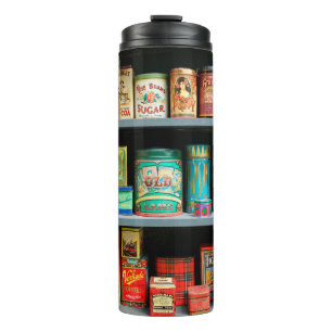 Groot collectie kleurrijke  blikken met display thermosbeker