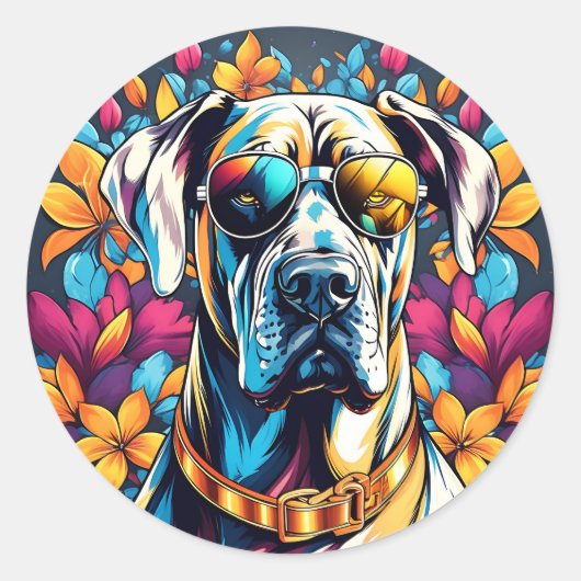 Groot Deen Hond Portret met Zonnebril Ronde Sticker (Voorkant)