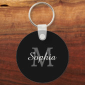 Groot donkergrijs monogram, witte naam in script, sleutelhanger (Voorkant)