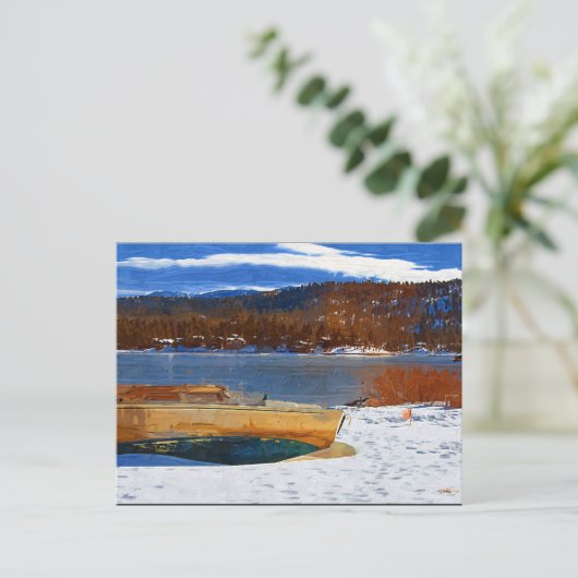 Groot draag Meer, sneeuw en boot Briefkaart (Staand voorkant)