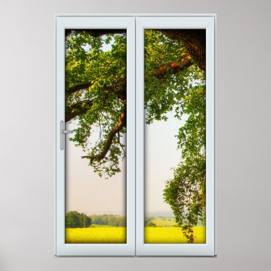 Groot eikenvenster met een Uitzicht illusie Poster (Voorkant)