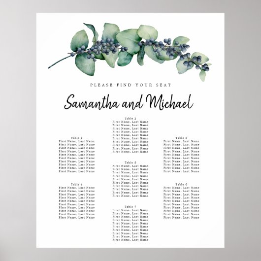 Groot Eucalyptus Berry 7-Table Seating Chart Poster (Voorkant)