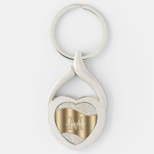 Groot goudmonogram, witte scriptnaam, diamanten sleutelhanger