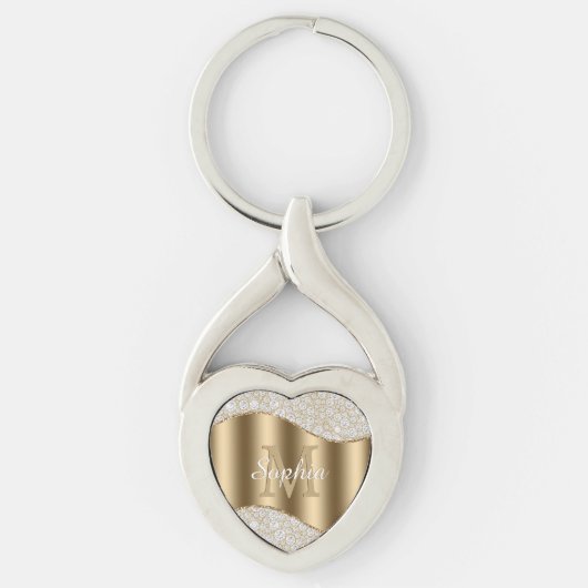 Groot goudmonogram, witte scriptnaam, diamanten sleutelhanger (Voorkant)