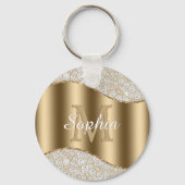 Groot goudmonogram, witte scriptnaam, diamanten sleutelhanger (Voorkant)