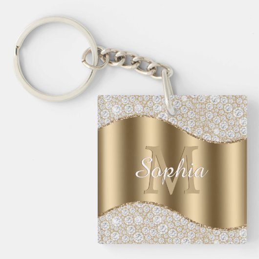 Groot goudmonogram, witte scriptnaam, diamanten sleutelhanger (voorkant)