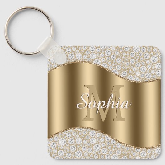 Groot goudmonogram, witte scriptnaam, diamanten sleutelhanger (Voorkant)