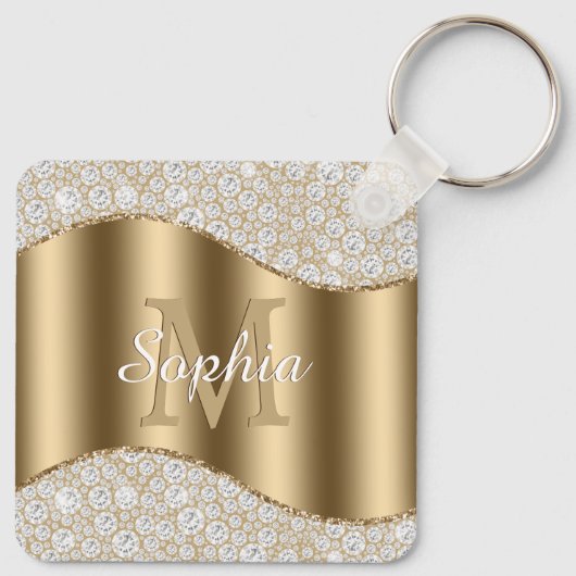 Groot goudmonogram, witte scriptnaam, diamanten sleutelhanger (Achterkant)