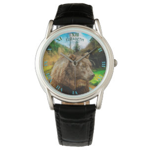 Groot Grizzly-Beer en prachtig berglandschap Horloge