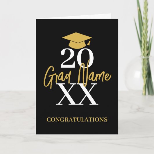 Groot Jaar - Naam en Pet - Zwart Goud Afstuderen Kaart (Voorkant)