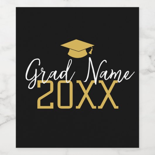 Groot Jaar - Naam en Pet - Zwart Goud Afstuderen Wijn Etiket (Enkel label)