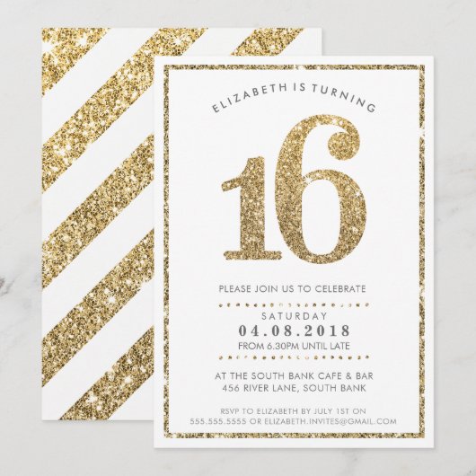 GROOT LEEFTIJDSNUMMER INVITE moderne 16 gouden gli Kaart (Voorkant / Achterkant)