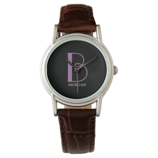 Groot monogram en naam, lavender/witte tekst, zwar horloge (Voorkant)