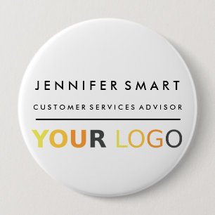 Groot naamkaartje voor personeel met eigen logo pe ronde button 4,0 cm