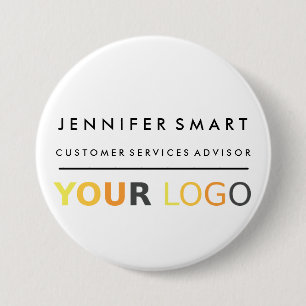 Groot naamkaartje voor personeel met eigen logo pe ronde button 7,6 cm